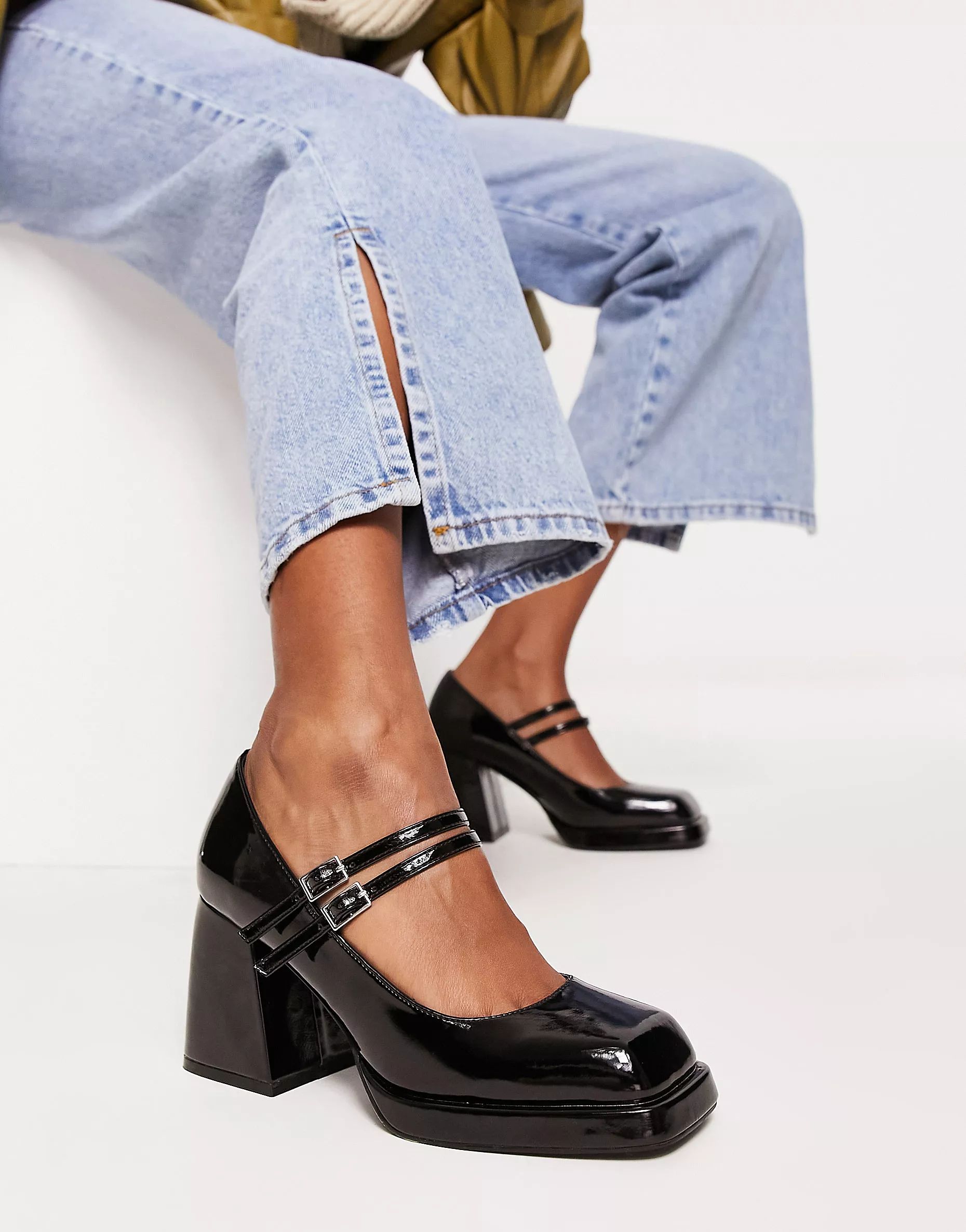 ASOS DESIGN Sully platform mary jane mid shoes in black patent | ASOS (Global)
