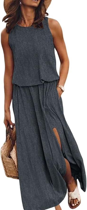 Dokotoo Womens 2023 Summer Beach Dresses Casual Maxi Dresses Sleeveless Tank Sun Dress with Pocke... | Amazon (US)