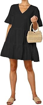 FANCYINN Women’s Cute Shift Dress with Pockets Fully Lined Bell Sleeve Ruffle Hem V Neck Loose ... | Amazon (US)