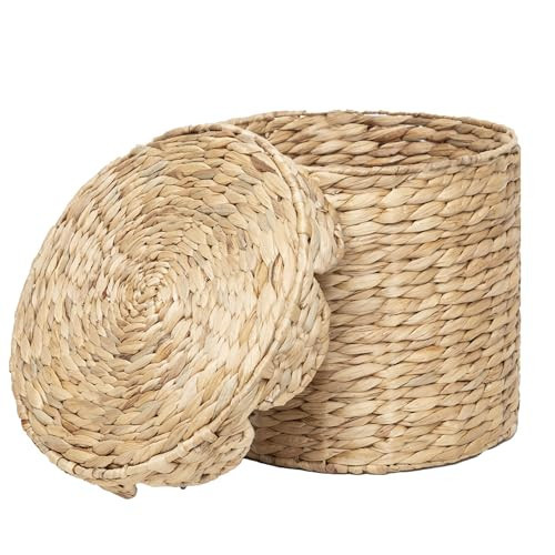 Round Wicker Laundry Hamper with Lid, Natural Water Hyacinth Woven scalloped basket, Space-Saving for Dirty Clothes - Bedroom & Bathroom (Small) | Amazon (US)