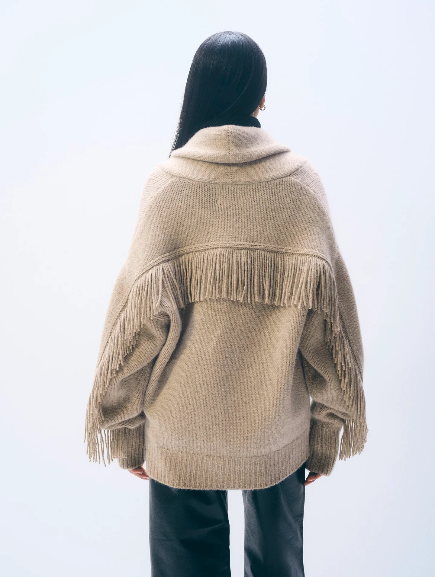 Cashmere Blend Luxe Fringe Coatigan | Misty Brown Heather | White and Warren