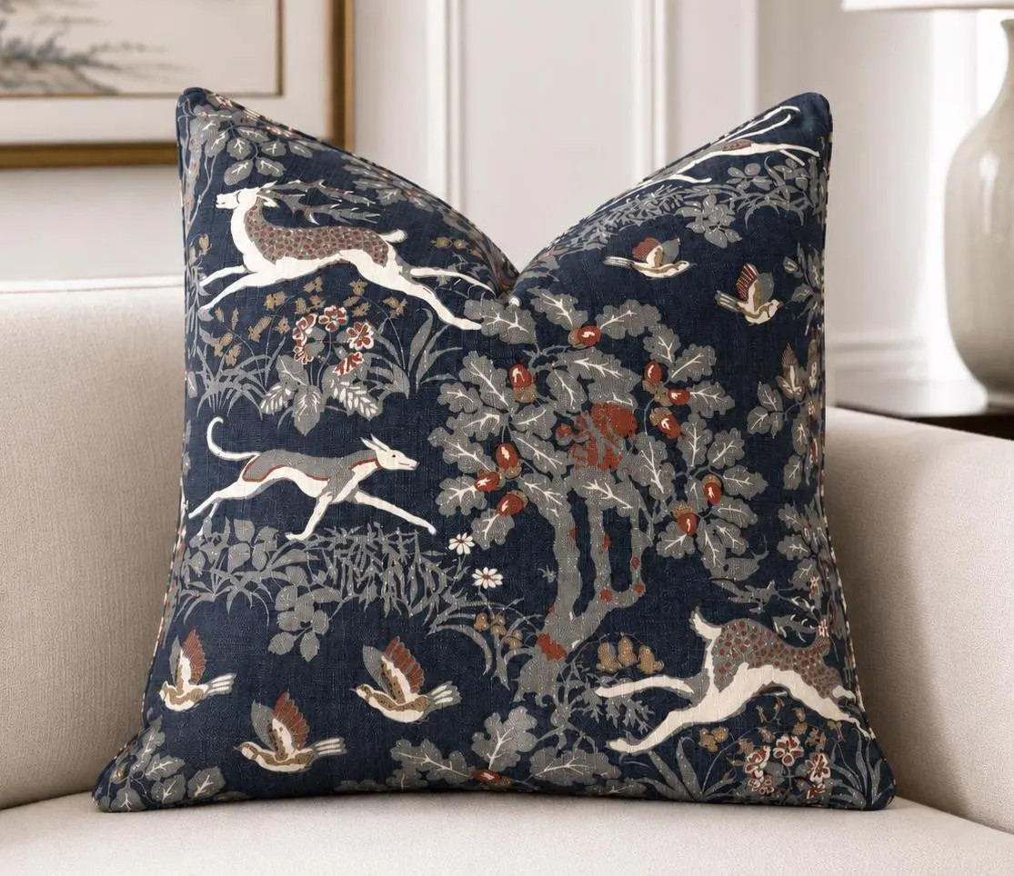 Lee Jofa Mille Fleur 100% Linen Pillow Cover Denim | Woodland Pillow Cover | Luxury English Country Pillow | Bird & Hound Decorative Cushion | Etsy (Global)