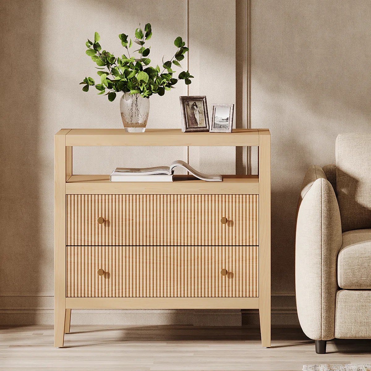 Farmhouse 2-Drawer Nightstand with Open Shelf, Modern Bedside Table in Oak | Wayfair North America