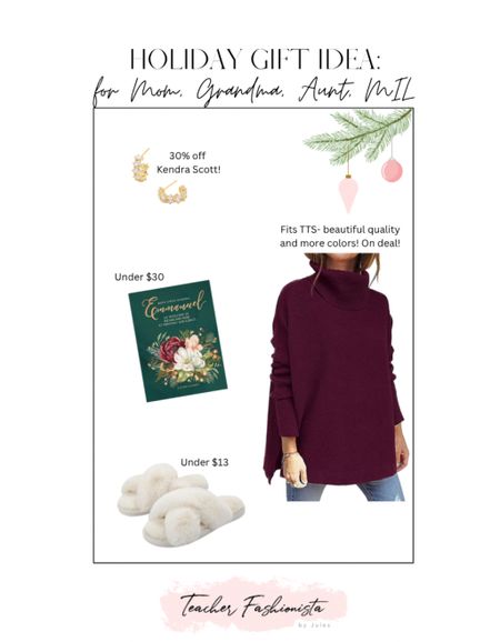 Gift box for mom, grandma, mother in law, and aunt! Earrings, tunic sweater (many color choices!), a pretty book, slippers, and earrings work for anyone!

#LTKGiftGuide #LTKHoliday #LTKsalealert