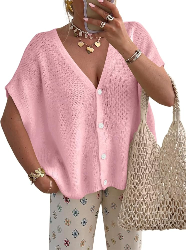 PRETTYGARDEN Womens 2026 Spring Oversized Cardigans Batwing Short Sleeve Lightweight Button V Nec... | Amazon (US)