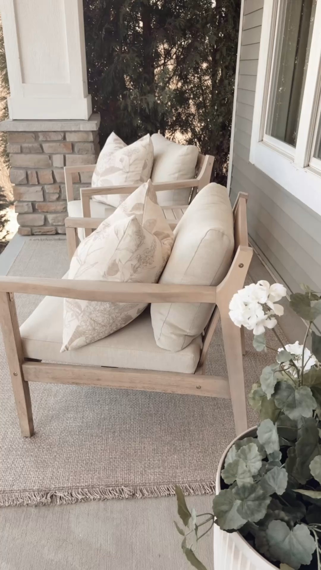 Found these cute pillow covers and outdoor pillow inserts on Amazon. Love that the inserts aren’t stiff like most outdoor pillows. You can give them a nice chop! 
My chairs and end table are from Wayfair and currently on sale! I’ve had them on our covered porch for 3 years and they still look great! 
I like that the cushions are beige instead of a stark white. 
I’ll also link this pretty outdoor rug. 

#LTKSeasonal #LTKHome