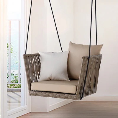 Traditional Outdoor Hanging Chair Rattan Porch Swing Chair with Khaki Cushion Pillow | Homary