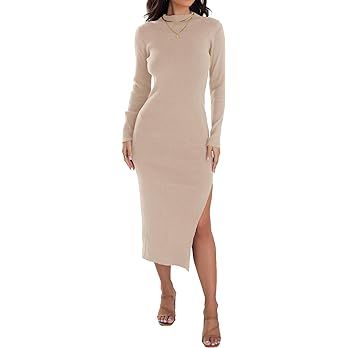 ZESICA Women's Mock Neck Sweater Dresses Long Sleeve Side Slit Slim Fit Fall Elegant Ribbed Knit ... | Amazon (US)
