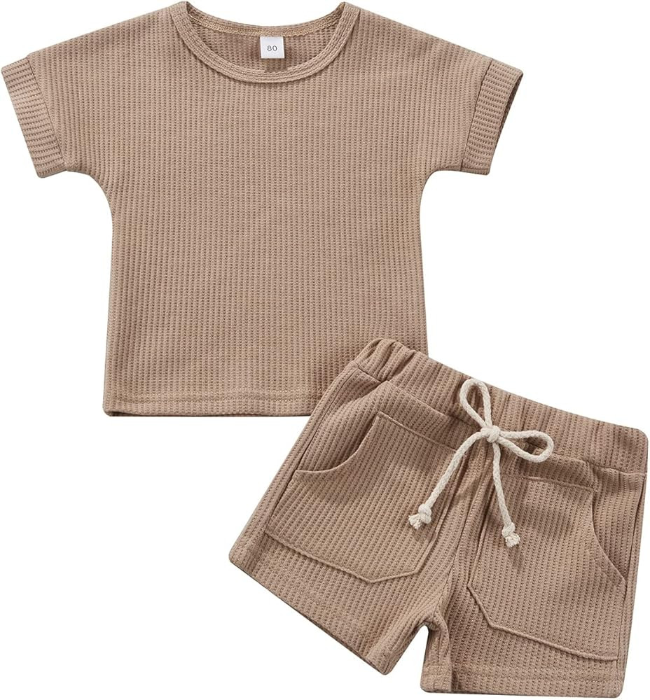 2PCS Summer Toddler Baby Boy Girl Clothes Set Unisex Waffle Solid Short Sleeve Tops Pocket Drawstrin | Amazon (US)