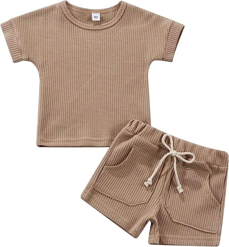 2PCS Summer Toddler Baby Boy Girl Clothes Set Unisex Waffle Solid Short Sleeve Tops Pocket Drawstrin | Amazon (US)