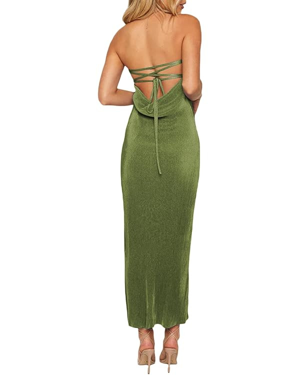 Women Strapless Tube Maxi Dress Off Shoulder Lace Up Bandage Backless Pleated Slim Long Dress Par... | Amazon (US)