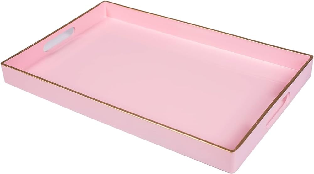 MAONAME Pink Serving Tray with Handles, Modern Decorative Tray for Coffee Table, Plastic Rectangu... | Amazon (US)