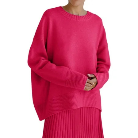 Pink Oversized Sweatshirt for Women Knit Crew Neck Loose Solid Color Sweater Fall Outfits for Women 2024 | Walmart (US)
