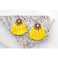 Yellow Tassel Earrings, Sunflower Fan Boho Fringe Chunky Hippie Large Shoulder Duster Earrings | Etsy (US)