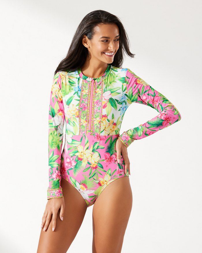 Orchid Garden Half-Zip Long-Sleeve One-Piece Swimsuit | Tommy Bahama