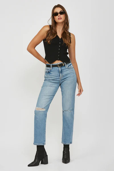 [TRACEY] MEDIUM WASH DISTRESSED STRETCH STRAIGHT JEAN | Hidden Jeans