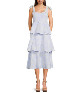 Tie Shoulder Embroidered Tier Midi Dress | Dillard's