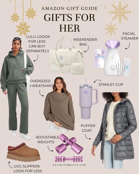 This gift guide for her is all from Amazon! Ideas include a Lululemon-inspired sweatshirt and sweatpants, weekender bag, facial steamer, oversized sweatshirt, Stanley Cup, hooded puffer coat, Ugg-inspired slippers, and adjustable weights. 

Gifts for her, gifts for mom,  Amazon gift guide, fitness gifts, spa gifts, gifts for travelers, gifts under 50

#LTKGiftGuide #LTKstyletip #LTKfindsunder50