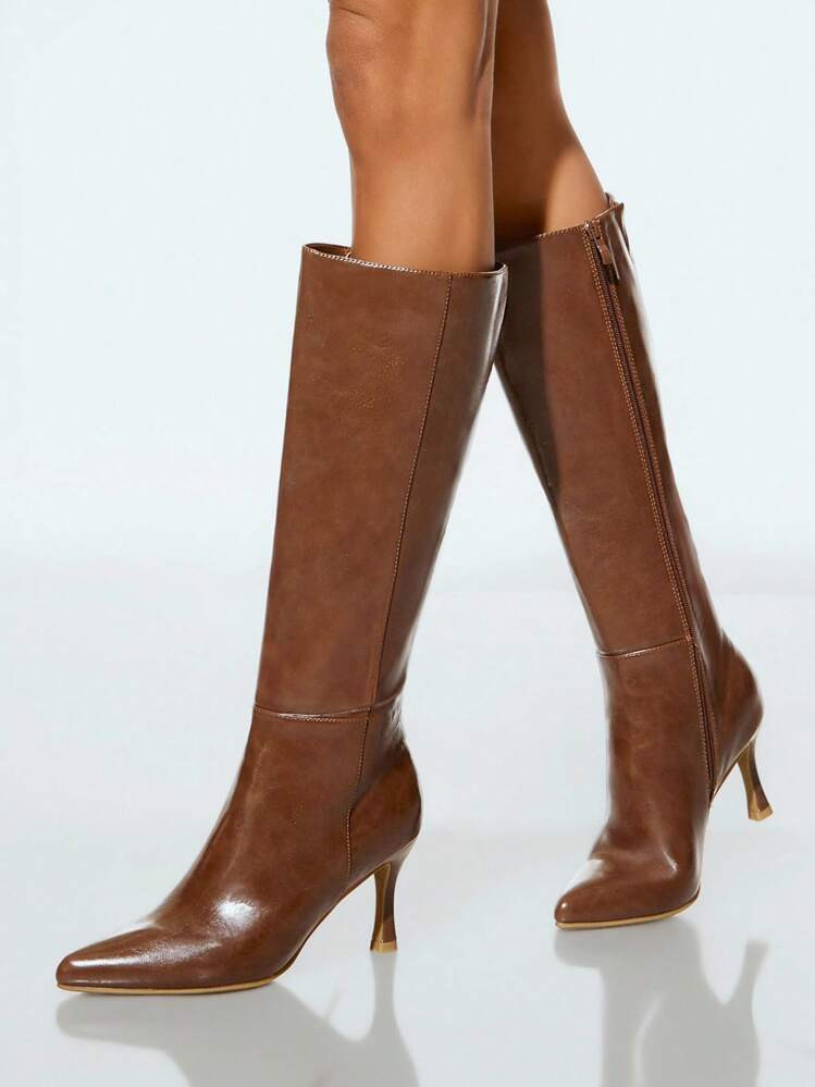 SHUZIA Women Everyday Basic Comfortable Zip-On Mid-Calf Oil PU Kitten Heeled Boots | SHEIN