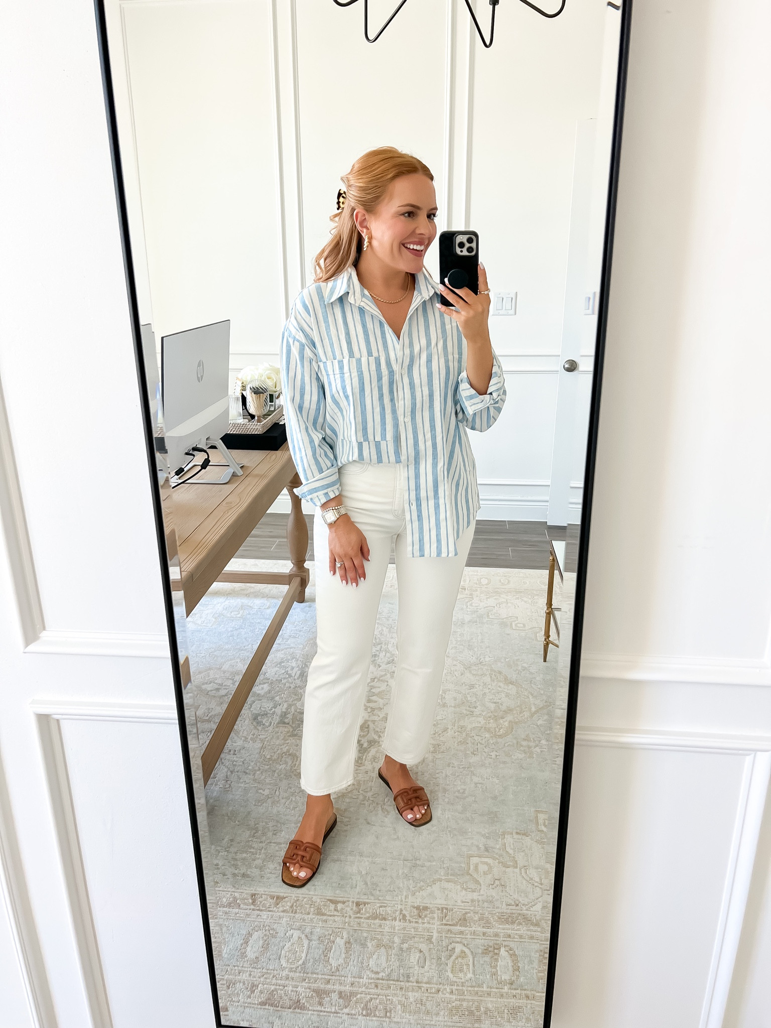 Todays work from home look! Got a small in the top but if you want to wear it as a cover up, go up a size or two for the summer! For the jeans I got my regular size of 27!

#LTKstyletip #LTKworkwear #LTKSeasonal