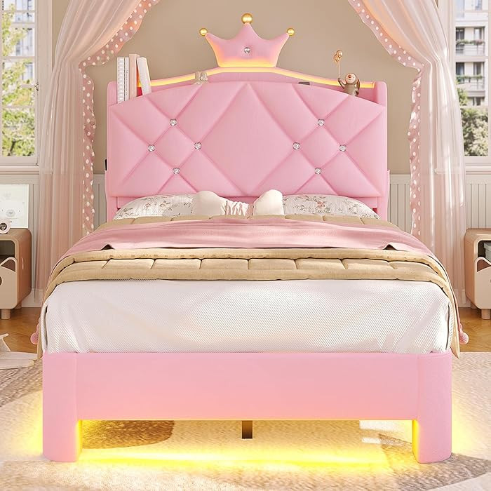 MSmask Twin Bed Frame with LED Lights, Princess Upholstered Bed with Headboard with Charging Stat... | Amazon (US)