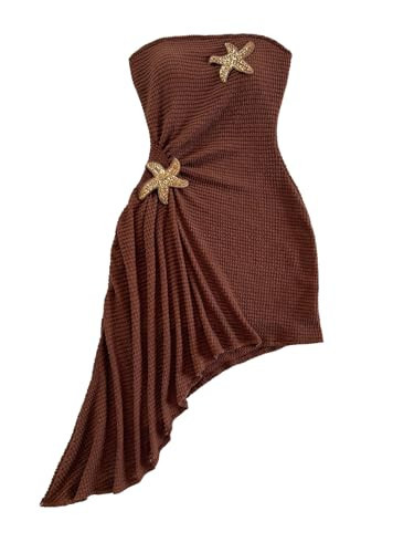 SOLY HUX Women's Strapless Tube Mini Dress Ruched Sleeveless Asymmetrical Hem Vacation Summer Dresses Plain Coffee Brown Medium | Amazon (US)