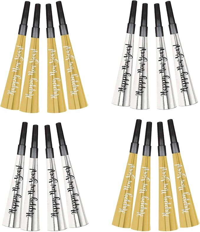 amscan 24 Count New Year's Eve Party 2023 Horns Black Silver Gold Multipack Foil, Multicolor | Amazon (US)