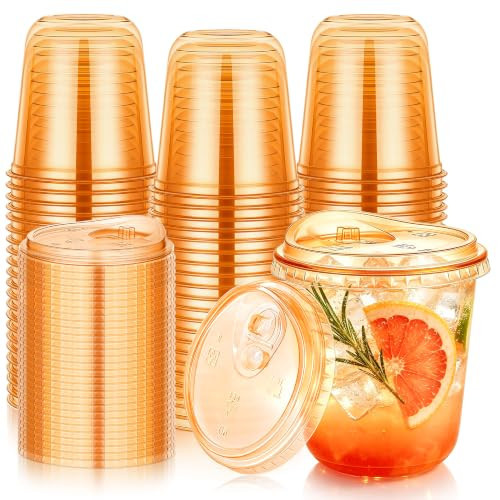 KesaPlan 50 Pack 12 Oz Orange Round Bottom Plastic Party Cups with Sip Lids | Amazon (US)