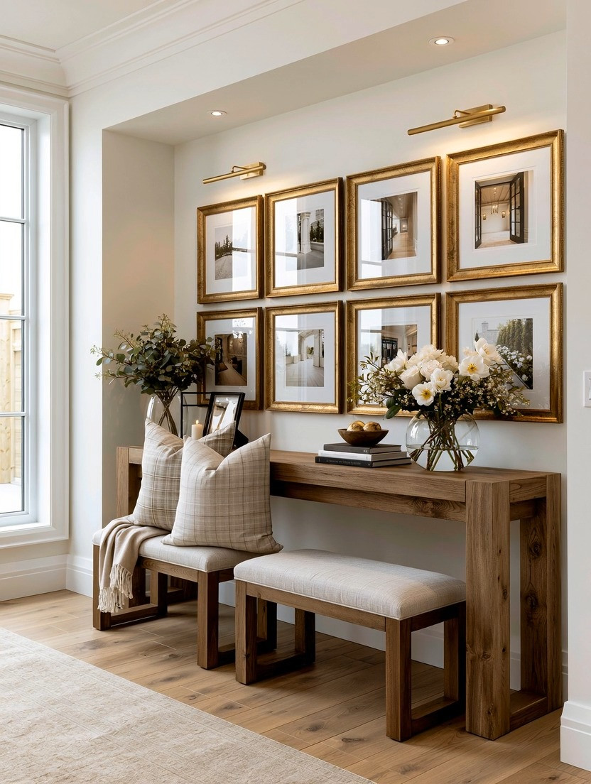 This is why wall galleries never go out of style.

A wall gallery isn't just about displaying photos. It's about creating a statement. The secret isn't dozens of different frames or complicated layouts. It's choosing timeless antique gold frames and finishing them with picture lights.

Those subtle lights are what designers have used for years. During the day, they become elegant architectural details. In the evening or on rainy afternoons, they cast a warm glow that makes your artwork and memories come alive.

Pair this gallery with a simple natural wood console table and you've created a timeless focal point for your entryway, hallway, or living room. Elegant doesn't have to be complicated—it just has to be intentional.

#WallGallery #PictureLights #HomeDecorIdeas #ElegantAndDriven 

 #LTKHome