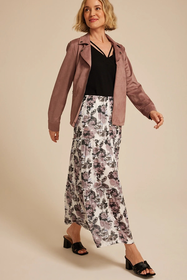 Studio Y Abstract Floral Mesh Tiered Maxi Skirt | Maurices