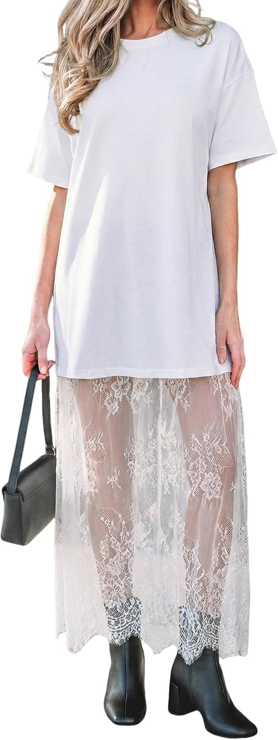 Women Floral Lace Patchwork Maternity Maxi T Shirt Dress | Amazon (US)
