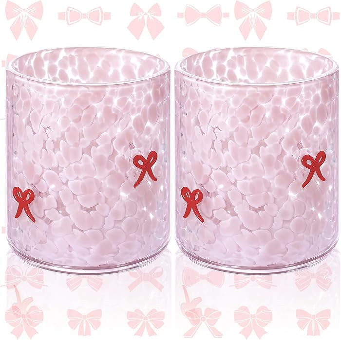 2 Pcs Pink Bow Icon Juice Glass 14 oz Bow Reusable Stemless Icon Drinking Glasses Cups for Birthd... | Amazon (US)
