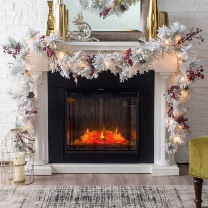 Belham Living Flocked Pine Needle 9 ft. Pre-Lit Garland with Berries and Pine Cones | Hayneedle