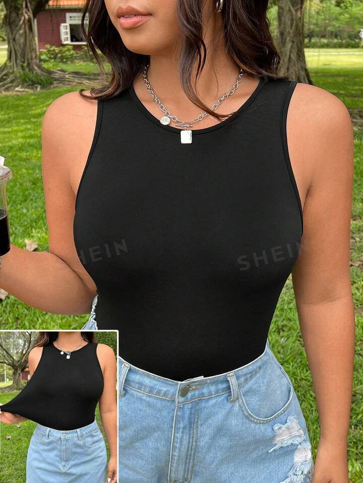 SHEIN EZwear Plus Size Women Summer Solid Color Round Neck Casual Tank Bodysuit With Sleeveless D... | SHEIN
