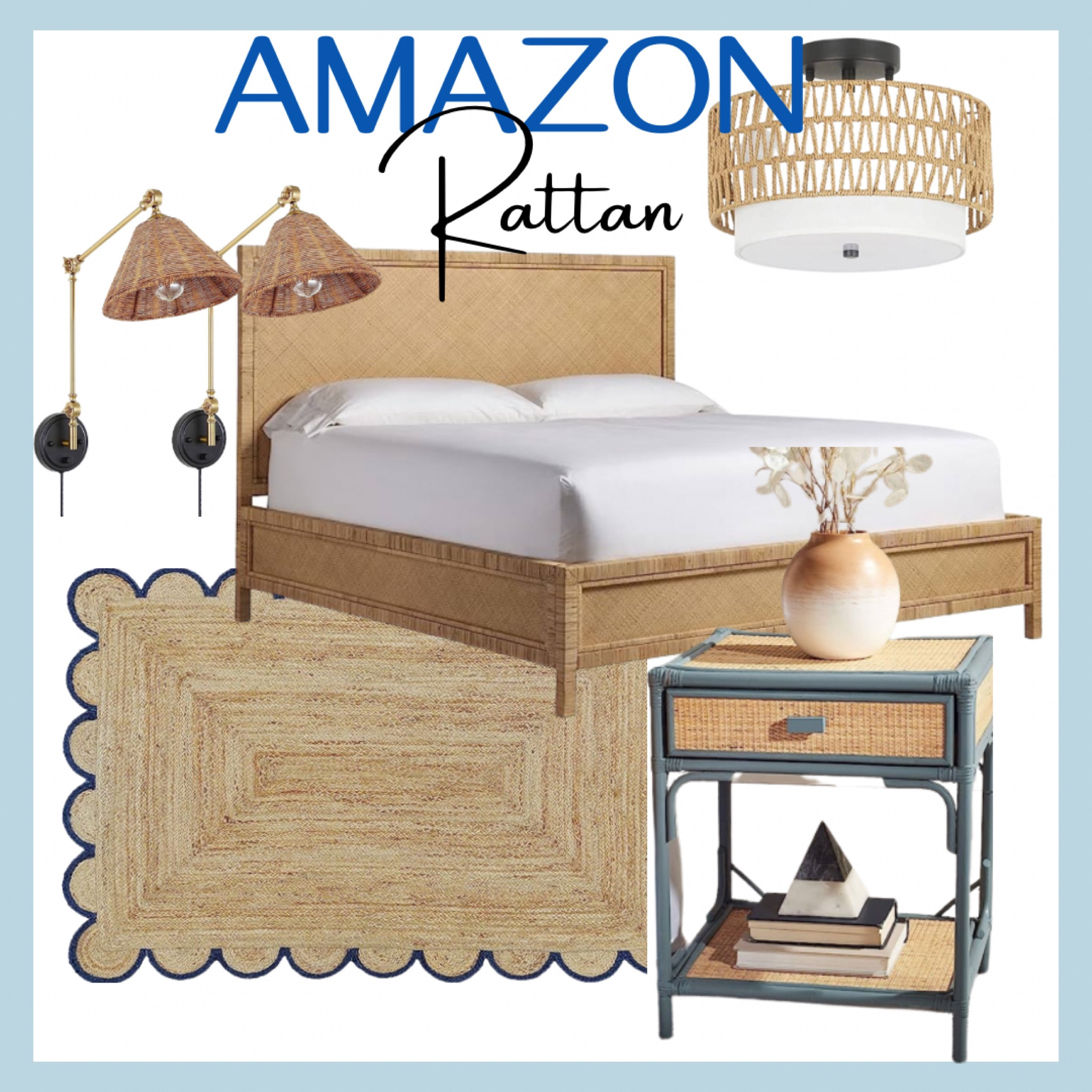 Amazon rattan - 
Coastal Living King bed, scalloped jute rug, rattan cabinet, rattan coffee table , adjustable swing light, lighting, rugs, rattan lamps 

#LTKhome #LTKfindsunder50 #LTKxPrime