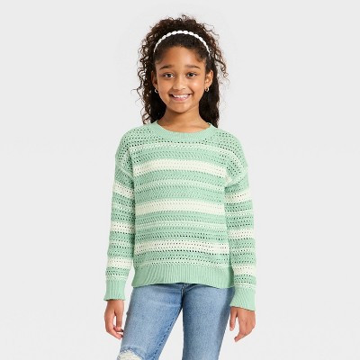 Girls' Openwork Striped Pullover Sweater - Cat & Jack™ Mint Green/White L | Target