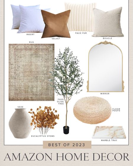 HOME \ best of 2023 Amazon decor!

Rug
Pillows
Mirror
Faux olive tree 
Bedroom
Living room 

#LTKfindsunder50 #LTKhome