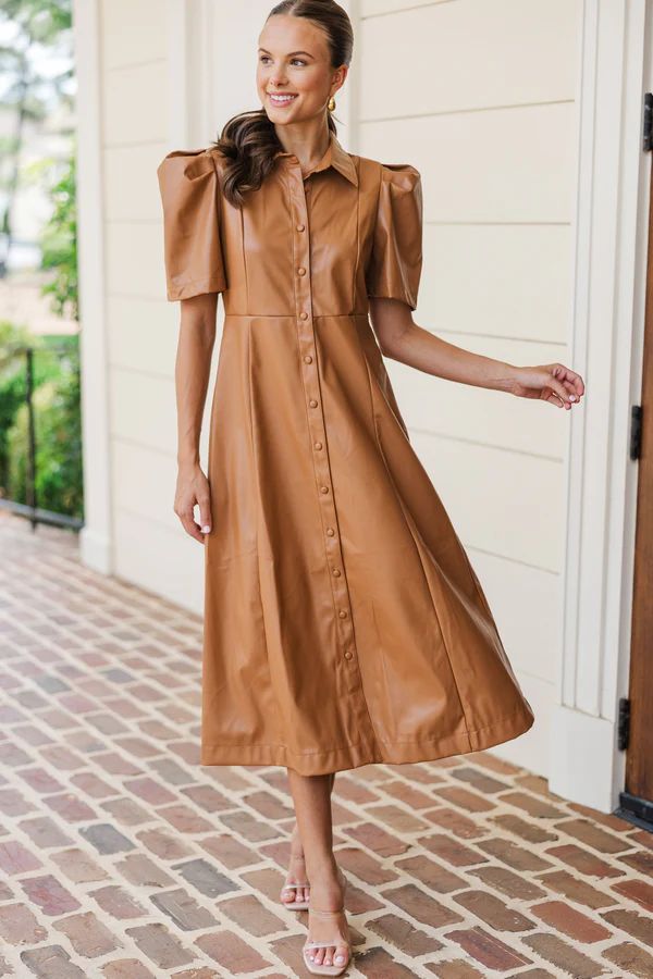 Take It As It Is Camel Brown Faux Leather Midi Dress | The Mint Julep Boutique