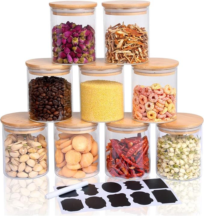 Hoanra 9 Piece Glass Storage Jars Set with Airtight Bamboo Lids and Labels, 15oz Glass Jar-Small ... | Amazon (US)