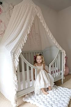 Wonder Space Elegant Kids Bed Canopy - Lace Chiffon Netting with Pom Pom, Princess Girls Fairy Dr... | Amazon (US)
