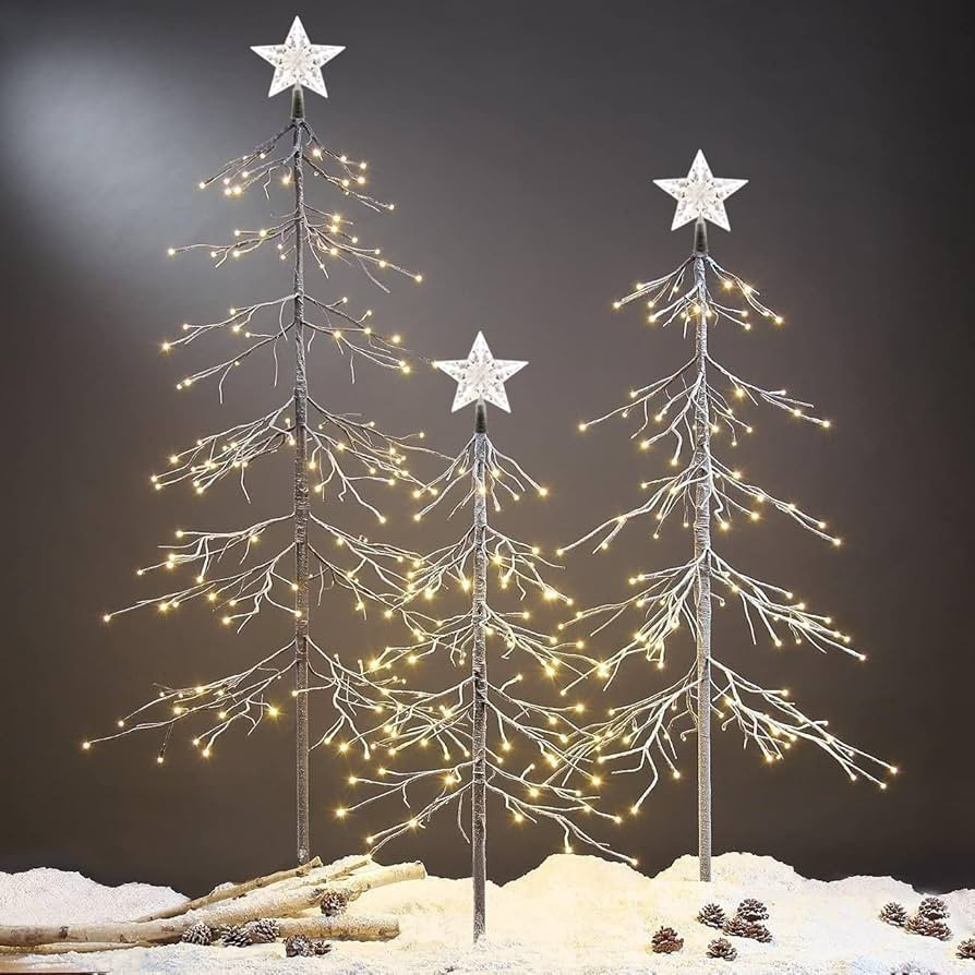 Lightshare Set of 3 Snowy Fir Tree, Including 3FT, 4FT, and 6FT, for Indoor and Outdoor Use, Warm... | Amazon (US)