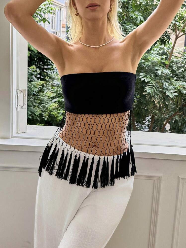 SHEIN EZwear Fringe Hem Tube Knit Top For Summer Vacation | SHEIN