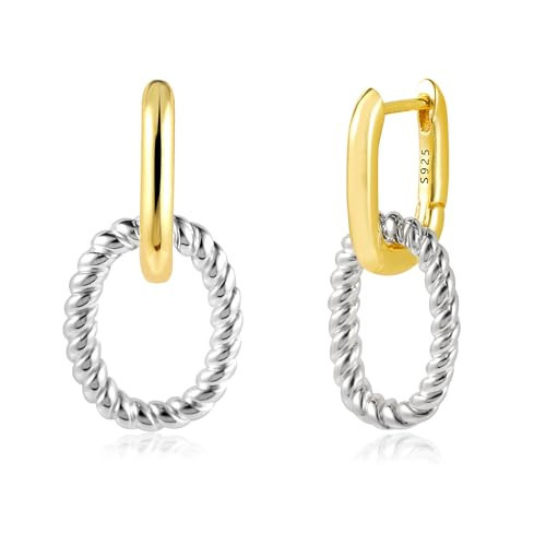 Gold Silver Hoop Earrings for Women Trendy 14K Two Tone Earrings for Women Mixed Metal Double Hoops, Sterling Silver Convertible Link Chain Earing Jewelry Gifts | Amazon (US)