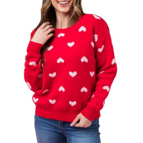 Heart Sweater for Women Long Sleeve Kawaii Knitted Crewneck Pullover Sweaters Cute Valentines Day Sweater (Red, S) | Amazon (US)