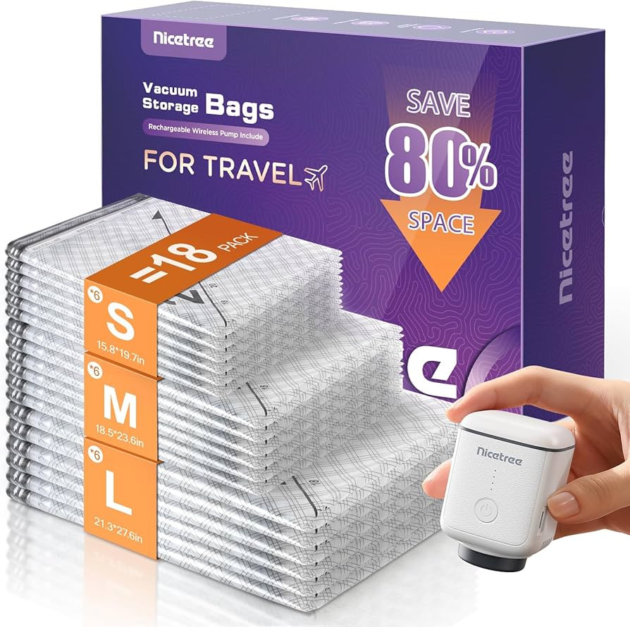 Nicetree 18-Pack Wireless Vacuum Storage Bags with Rechargeable Pump | 3 Sizes (20/24/28 Inch) Tr... | Amazon (US)