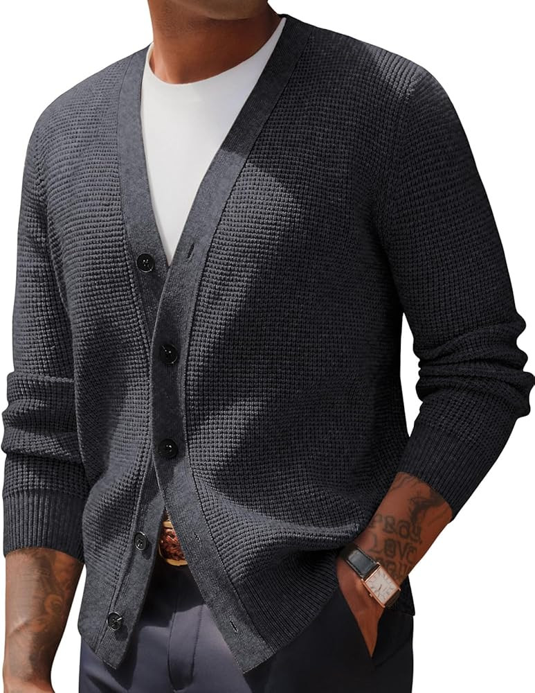 PJ PAUL JONES Mens Waffle Textured Cardigan Sweater Long Sleeve V-Neck Knitted Sweaters | Amazon (US)