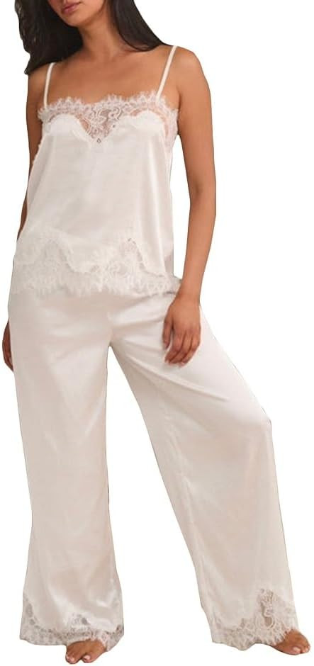 ROAONOCOMO Women Lace Trim Pajama Set Ruffle Babydoll Cami Top Wide Leg Pants Set Silk Satin 2 Pi... | Amazon (US)