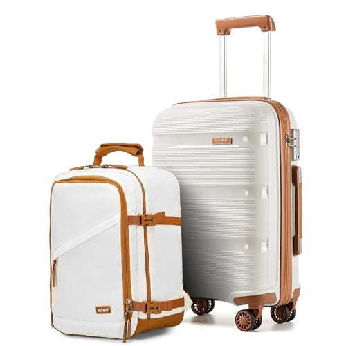Kono Luggage Sets 2 Piece Hard Shell Polypropylene Travel Trolley with 4 Spinner Wheels TSA Lock Carry On Hand Cabin Suitcase with Backpack (Cream White, 21 inch) | Amazon (US)