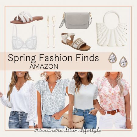 Spring fashion finds from Amazon! Amazon fashion finds! White date night tops, work blouses, white sandals, purses, jewelry, earrings, and white bra! Summer outfit 