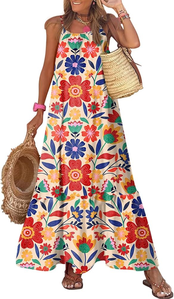 Dokotoo Women Summer Dresses 2026 Spaghetti Strap Scoop Neck Smocked Ruffle Flowy Boho Maxi Dress | Amazon (US)